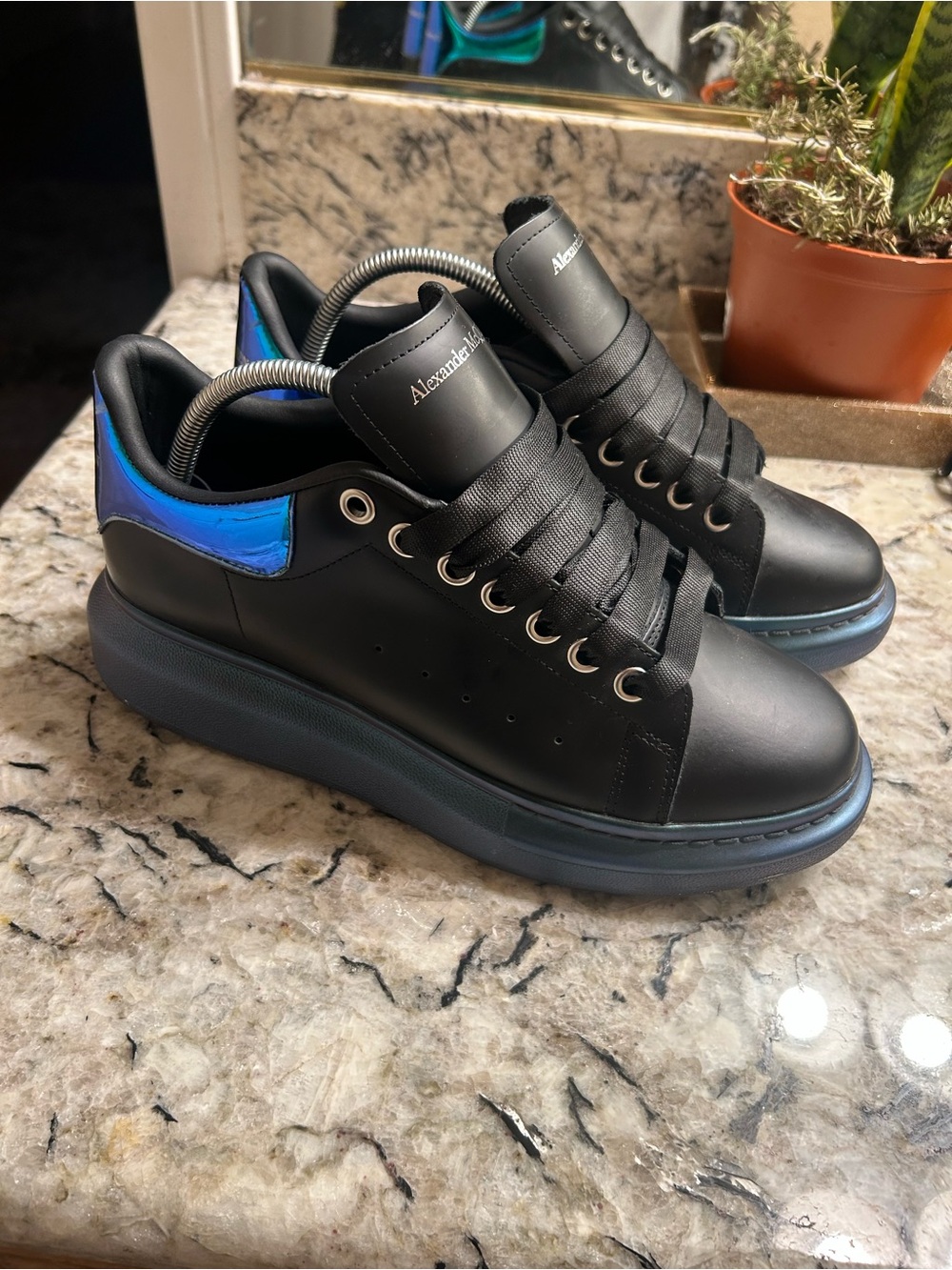 Alexander McQueen Black Leather Sneakers with Blue Heel Tab - Picture 2 of 4